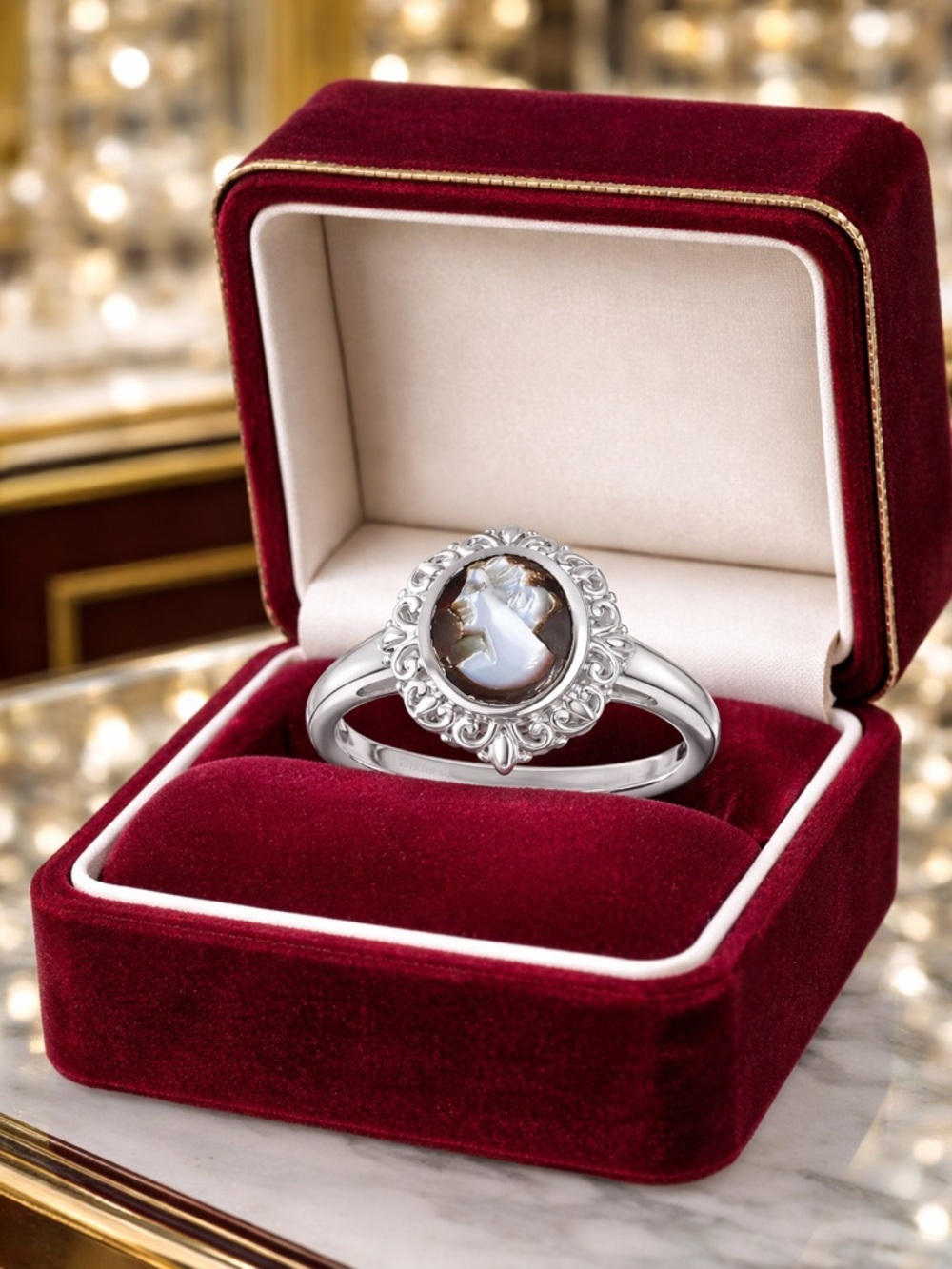 Italian Genuine Conch Cameo Hand Carved 925 Sterling silver Platinum Over Ring